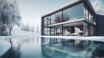 Winter Wonderland: New Modern Villa with Pool, Expansive Glass Facades, and Snowy Property: Generative AI