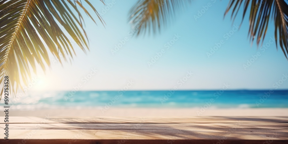 Wall mural Empty wood table with tropical sea with palm leaves, Background with copy space for product display, Summer vacation, generative ai - Wall murals