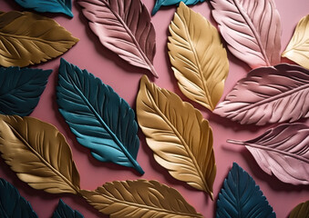 Metallic Leaves: A Seamless Pattern on Colorful Background Created with Generative AI and Other Techniques