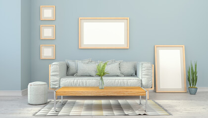 Illustration - Skandinavisches, nordisches Wohnzimmer mit einer Couch, Tisch und einem Teppich - leere Bilderrahmen - Textfreiraum - Platzhalter