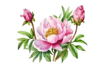 Pink peony painted in watercolor on a white backdrop. Peony blossoms. Generative AI