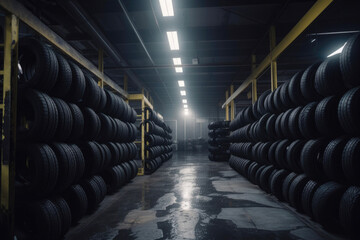 High rack with custom tires in warehouse of a tire dealer. Generative AI