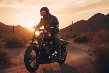 Obraz na płótnie Canvas Biker in protective clothing rides a motorcycle. Generative AI