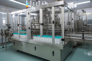 Bottling and packaging of sterile medical products Machine after validation of sterile liquids. Generative AI