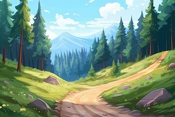 a pine tree and a forest road. Generative AI