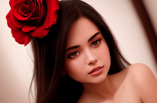 Portrait of a beautiful young woman with red rose in her hair. Generative AI.
