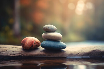 Balancing pebble zen stones outdoor. Generative AI
