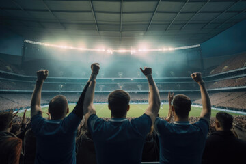 Back view of football, soccer fans cheering their team at crowded stadium at game time. Generative AI
