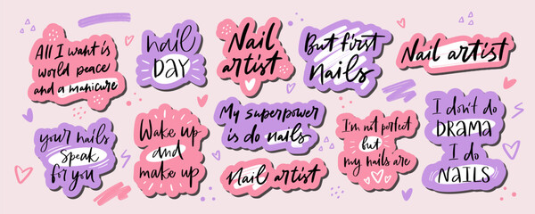 Naklejka premium Set of square stickers about manicure and nail care. Slogan prints to nail studio, fashion master, beauty salon, decorative card. Calligraphy modern style - Vector artwork.