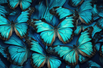 Beautiful blue tropical butterflies with wings spread and in flight. Generative AI