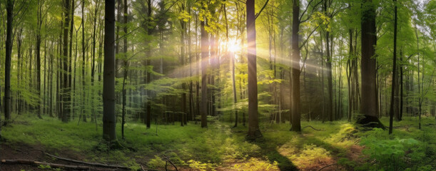 Serene Forest: Sunbeams Peeking Through Green Trees Created with Generative AI and Other Techniques