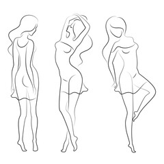 Collection. Silhouette of a woman in a modern continuous line style. The girl is slim and beautiful. Lady suitable for decor, posters, stickers, logo. vector illustration set.