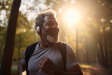 miling senior man wearing headphones running in park,world health day,genertive ai.