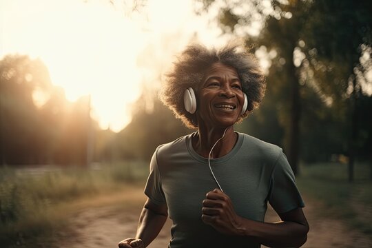 Smiling Senior Woman Wearing Headphones Running In Park,world Health Day,genertive Ai.