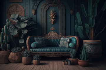 Hotel de lujo estilo marroquí con decoración artesanal de madera, recibidor con plantas y cactus, decoración verde oscuro en un precioso salón árabe, hecho con IA - obrazy, fototapety, plakaty