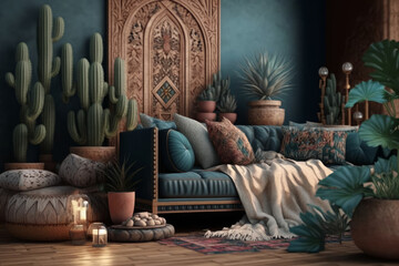 Hotel de lujo en Dubái con decoración estilo árabe, salón decorado con cactus y tapices artesanales, Casa integrada en la naturaleza, arquitectura sostenible, hecho con IA