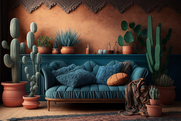 Casa de adobe en el desierto, salón con decoración inspirada en el desierto, precioso sofá azul tapizado artesanalmente, hecho con IA - obrazy, fototapety, plakaty