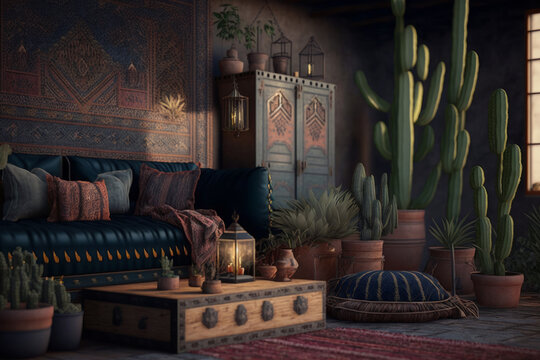 Interiorismo estilo marrakech con preciosas alfombras artesanales, precioso mobiliario en madera hecho a mano, casa de marruecos, hecho con IA