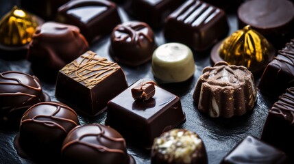 Assorted handmade chocolates, box of candies, bon-bons and truffles made of dark, white and milk chocolate. Delicious dessert top view