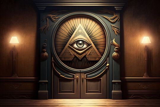 Doorway to illuminati meeting, concept of global elite and occultism, freemason conspiracy