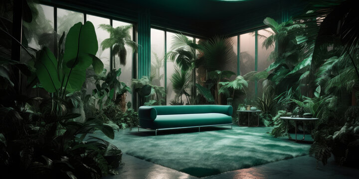 showroom sesion modelo ropa inspirada en la naturaleza, recibidor hotel de lujo tropical, palmeras en el sal&oacute;n de una mansi&oacute;n, cristales semi transparentes plantas, hecho con IA