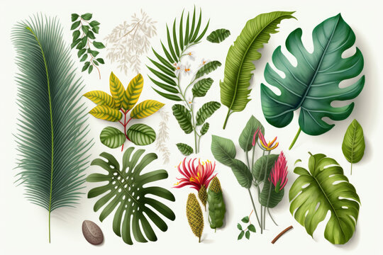 Dibujo hojas exóticas para decoración, ilustración naturaleza collage, apuntes travel journal, hecho con IA