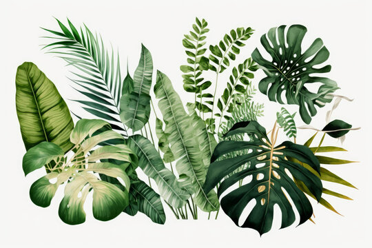 Dibujo hojas exóticas para decoración, ilustración naturaleza collage, apuntes travel journal, hecho con IA