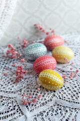 Easter eggs and cake, happy holidays - 592755714