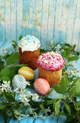 Easter eggs and cake, happy holidays - 592755731