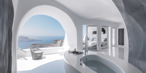 Bañera con impresionantes vistas al mar, Casa Blanca en una isla griega, baño de lujo en hotel, hecho con IA - obrazy, fototapety, plakaty