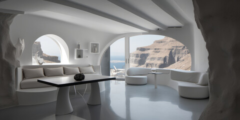 Salón con gran ventanal y vistas al mar y a la montaña, casa en Grecia, precioso hotel de lujo, hecho con IA