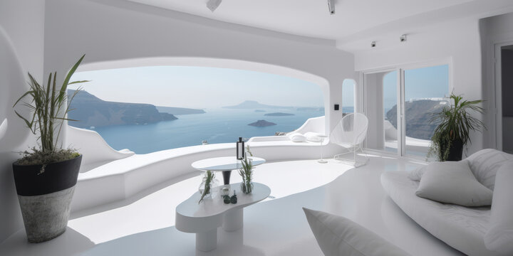 Impresionantes vistas del mar en un apartamento en Santorini, hotel de lujo en islas griegas, salón con vistas a la playa, casa en el Mediterráneo, hecho con IA