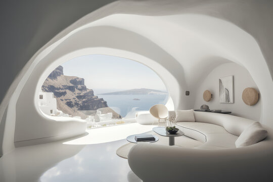 Sal&oacute;n con gran ventanal y vistas al mar, casa en Ibiza, precioso hotel de lujo, hecho con IA