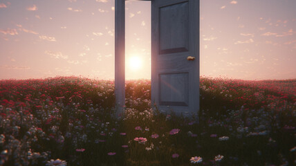 Doorway in grassfield with flowers at sunset, concept of making a change, progress and a new beginning