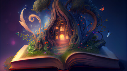 Fantasy mystical fairytaie coming out of open book, concept of inspirational fiction story and reading.