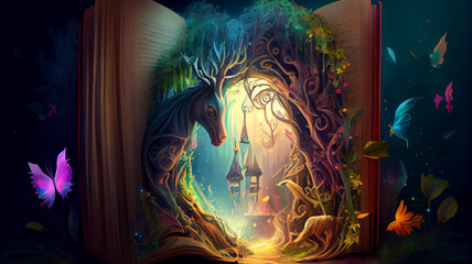 Fantasy mystical fairytaie coming out of open book, concept of inspirational fiction story and reading.