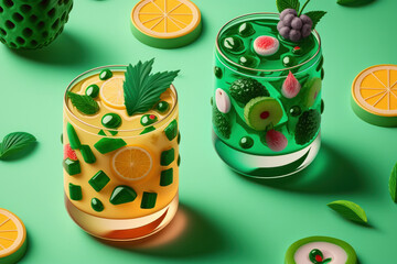 Vasos de cristal soplado inspirado en frutas, cócteles tropicales, bebida de mango y bebida de sandía y kiwi, hecho con IA