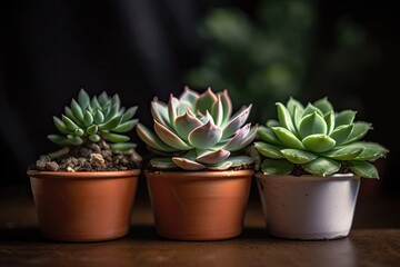 Close-up Macro of Three Fresh Succulent Plants in Small Pots - Nature's Perfect Floral Object: Generative AI