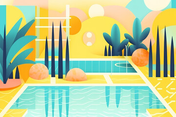 Fondo geométrico verano en una piscina en el desierto, escenario irreal y de fantasía, cuadro atardecer en Nuevo Médico, hecho con IA