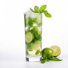 Tropical Refreshing Taste: Gourmet Mojito with Ice, Lime and Lemon in a Tall Glass - Isolated on White: Generative AI