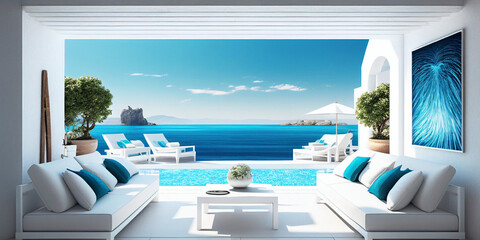 a terrace with an ocean view with a white lounge by the pool Generative AI - obrazy, fototapety, plakaty