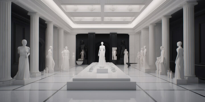 Sala de exposiciones, galería de esculturas de la Antigua Grecia, Showroom de lujo en una habitación blanca muy luminosa, hecho con IA