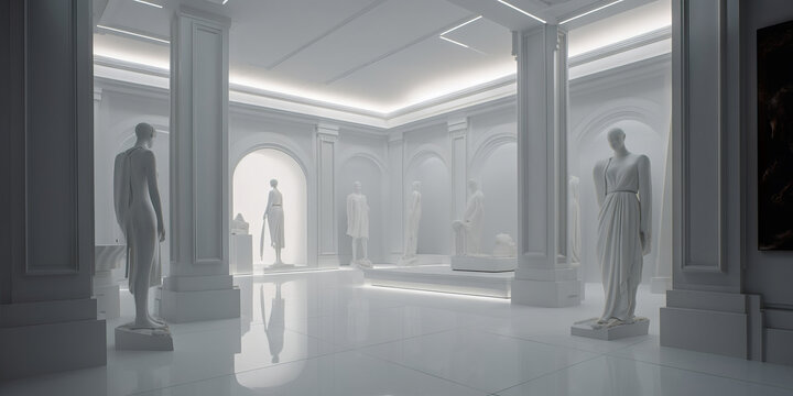 Sala de exposiciones, galer&iacute;a de esculturas de la Antigua Roma, Showroom de lujo en una habitaci&oacute;n blanca muy luminosa, hecho con IA