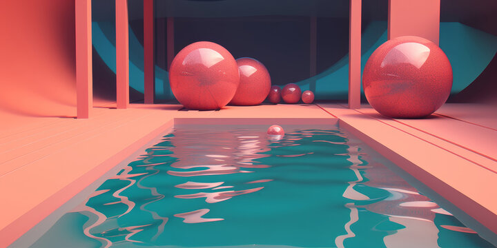 Fondo aesthetic piscina turquesa con escenario rosa, IA generativa 