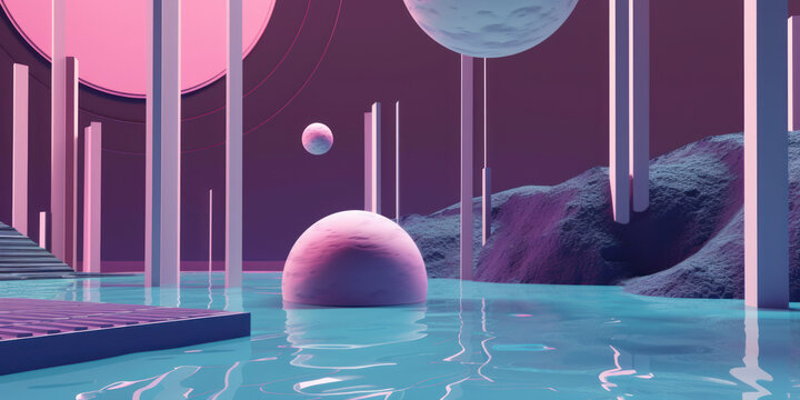 Oc&eacute;ano en la luna, planeta con agua, background fantas&iacute;a aesthetic, IA generativa 