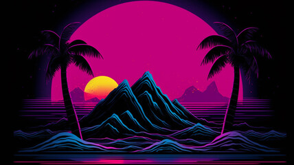 Synthwave retro cyberpunk style landscape background banner or wallpaper. Bright neon pink and purple colors.