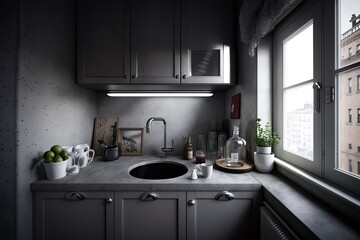 Countertops in black and gray gray walls and a sink. cozy home concept. synthetic picture. Generative AI