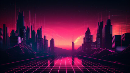 Synthwave retro cyberpunk style landscape background banner or wallpaper. Bright neon pink and purple colors.