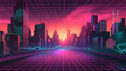 Fototapety  Synthwave retro cyberpunk style landscape background banner or wallpaper. Bright neon pink and purple colors.