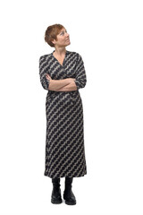 front view of a woman with arms crossed looking away on white background